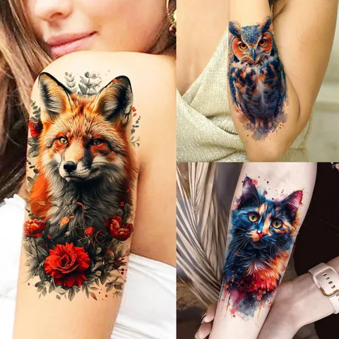 Adesivo Per Tatuaggio Temporaneo Di Animali Ad Acquerello Tigre Volpe Leone Lupo Rosa Impermeabile Finto Tatuaggio Corpo