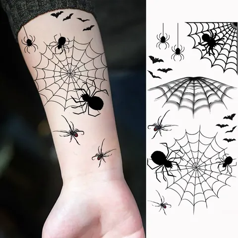 Adesivi per Tatuaggi Temporanei di Halloween Ragnatela Nera Pipistrello Finti Tatuaggi Impermeabili Body Art
