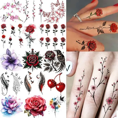 Adesivi per Tatuaggio Temporaneo con Rami di Fiori di Rosa a Trasferimento d'Acqua Impermeabili Linea Nera Body Art Finto Tatuaggio per Festa di Donne
