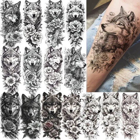 Adesivo per Tatuaggio Temporaneo con Trasferimento d'Acqua Lupo e Fiore di Peonia Rosa Finto Tatuaggio Arte Corporea
