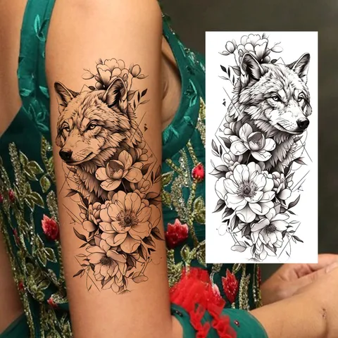 Adesivo per Tatuaggio Temporaneo con Trasferimento d'Acqua Lupo e Fiore di Peonia Rosa Finto Tatuaggio Arte Corporea