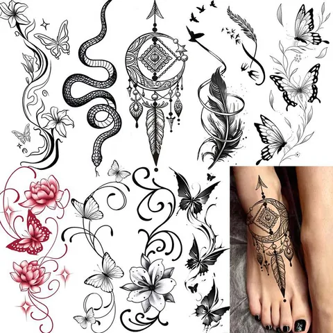 Adesivi per Tatuaggi a Trasferimento d'Acqua Farfalla Pizzo Floreale Tatuaggio Temporaneo Per Mano E Piede Adesivo d'Arte Corporea Impermeabile