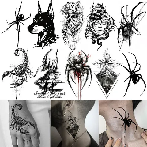 Halloween Temporary Tattoo Stickers Waterproof Black Spider Animal Fake Tattoos For Body Art Party Makeup Decor