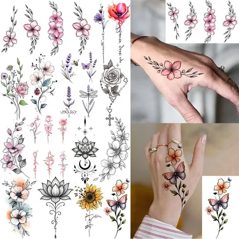 Adesivi per Tatuaggi Temporanei Impermeabili Floreale Rosa Loto Mano Dito Finti Tatuaggi Body Art Trucco Adesivi per Festa Donna