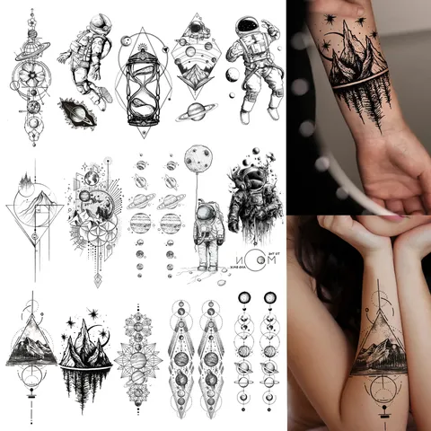 Adesivo per Tatuaggio Temporaneo a Trasferimento d'Acqua Geometrico Montagna Universo Nero Body Art Finto Tatuaggio Impermeabile Per Braccio Gamba