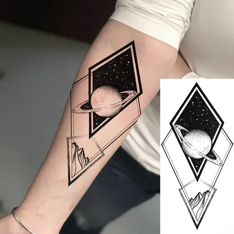 Adesivo per Tatuaggio Temporaneo a Trasferimento d'Acqua Geometrico Montagna Universo Nero Body Art Finto Tatuaggio Impermeabile Per Braccio Gamba