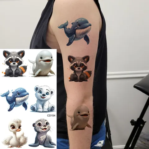Adesivi per Tatuaggi Temporanei a Trasferimento d'Acqua Animali Cartoon Carini Adesivi per Body Art Impermeabili per Bambini e Adulti
