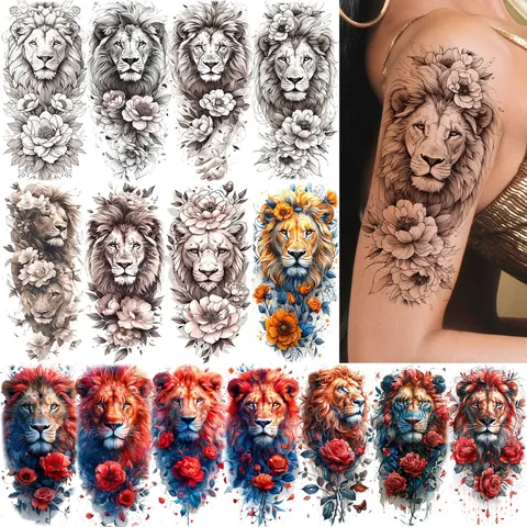 Adesivo Tatuaggio Leone Rosa Trasferimento Acqua Impermeabile Temporaneo Corpo Arte Per Braccio Gamba Stile Cool