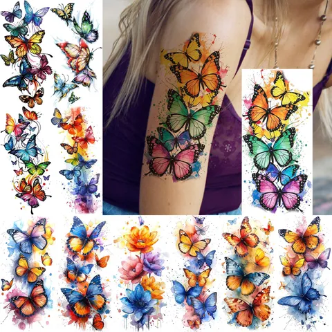 Adesivi per Tatuaggi Temporanei a Farfalla ad Acquerello Impermeabili Body Art Finto Tatuaggio