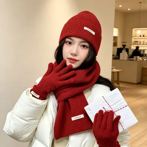 Damen Winter 3-Teiliges Strickset Einfarbig Kaschmir-Imitat Mütze Schal Und Handschuhe Set Warmes Geripptes Set Für Weihnachten Neujahr
