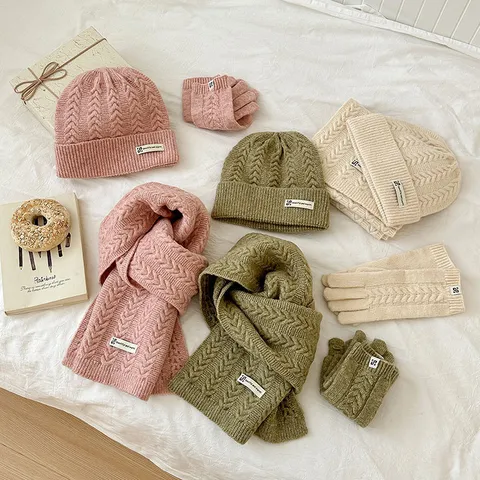 Écharpe Bonnet Et Gants En Tricot Torsadé D'hiver Pour Femmes Hommes Chaud Bonnet De Couleur Unie Gants Châle Accessoires De Plein Air Par Temps Froid