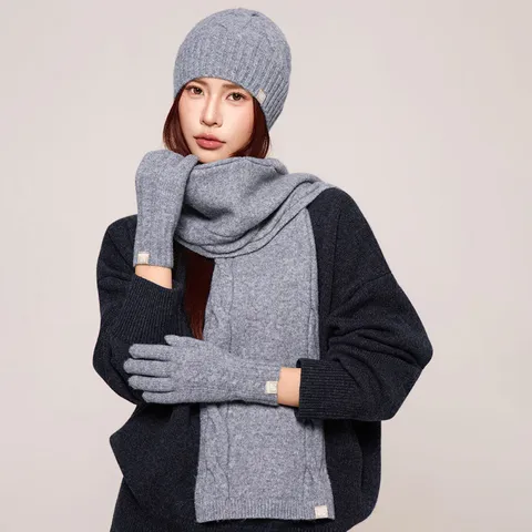 Winter Warm Wool Blend Knitted Scarf Hat And Gloves Set Cable Knit Solid Color Thermal Headwear Neck Warmer Outdoor Unisex Accessories