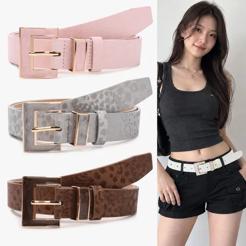 Women's Chic Leopard Print PU Leather Belt With Alloy Square Pin Buckle Vintage Fashionable Waist Belt For Jeans Daily Accessories