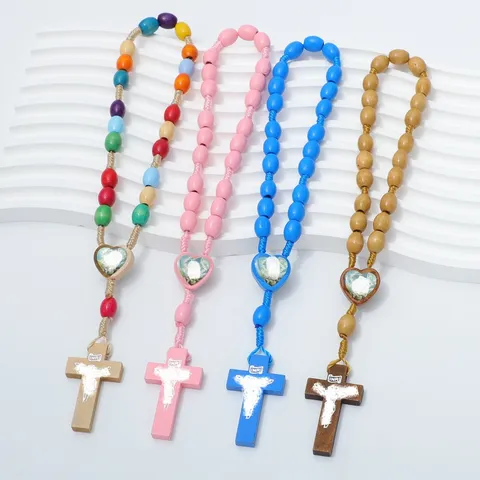 Klassieke Grenenhouten Kralen Rozenkrans Armband Legering Kruis Hart Hanger Religieus Gebed Kralenarmband Sieraden Voor Dames Heren