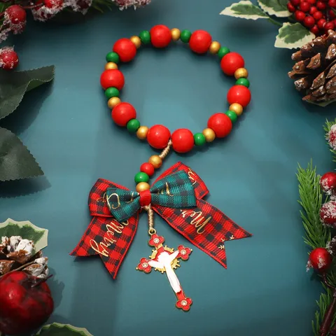 Handgemaakte Kerst Houten Kraal Kruis Rozenkrans Armband Rood Groen Ruit Strik Gebedskralen Ketting Voor Dames Heren Sieraden