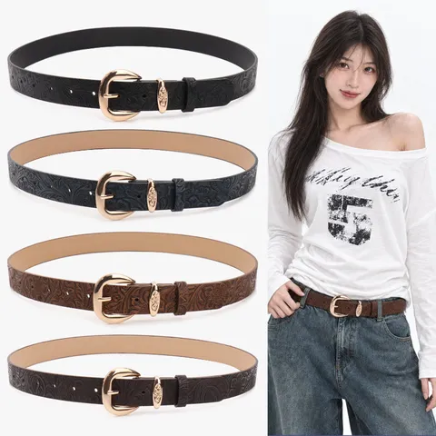 Ceinture Vintage Américaine pour Femmes en Cuir PU à Motif Floral Gaufré Boucle en Alliage Accessoire de Mode Y2K pour Jeans