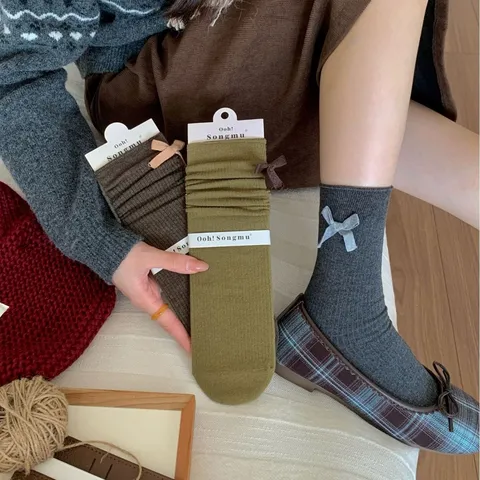 Calze da Donna Stile Coreano JK a Costine con Fiocco in Cotone Bordo Arrotolato Fiocco Decorativo Calze per Studenti Calze Quotidiane