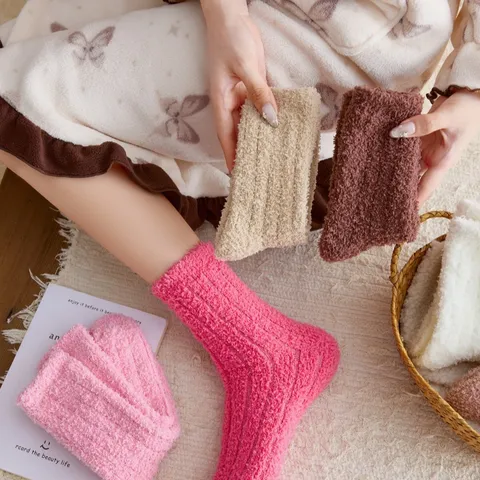 Dames Winter Warm Koraalvleece Middensokken Verdikt Zacht Effen Kleur Thuis Slaapsokken Gezellig Pluche Thermische Kousen