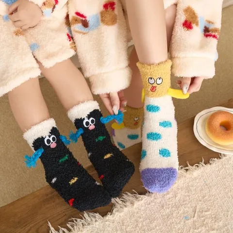 Women Funny 3D Cartoon Coral Fleece Socks Thickened Warm Embroidered Clown Monster Cat Pattern Mid-Calf Home Sleep Socks