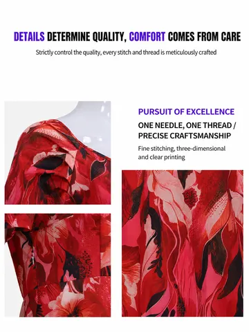 Abito da Donna Retrò a Ruota con Stampa Floreale Rossa Scollo a V Manica Corta Con Corona Poliestere Costume Cosplay per Festa