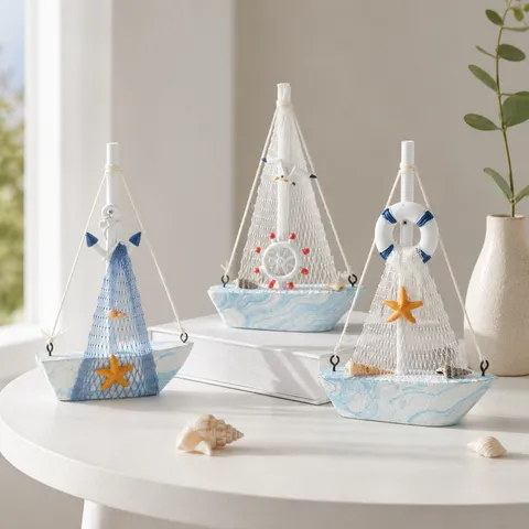 Modello di Barca a Vela in Wood Mediterraneo Ornamentale da Scrivania Fatto a Mano Blu e Bianco Decorazione da Tavolo Nautica Casa Ufficio