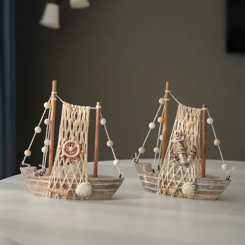 Retro Wooden Sailboat Model Ornament Mediterranean Style Light Wood Shell Net Desktop Decor Craft Gift