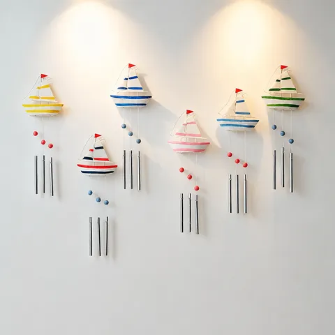 Campanello a Vento per Barca a Vela in Legno in Stile Mediterraneo Ornamento Sospeso Decorazione Murale Nautica Creativa