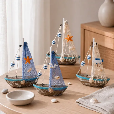 Stile Mediterraneo Retro Modello di Barca a Vela in Legno Miniatura Nave soprammobile Scrivania Decorazione Creativa Oceano