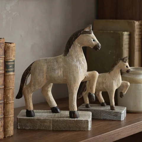 Ornamento di Cavallo di Troia in Legno Retro Vintage Artigianale Legno Massello Decorazione Scrivania Statua Accessorio Fotografia
