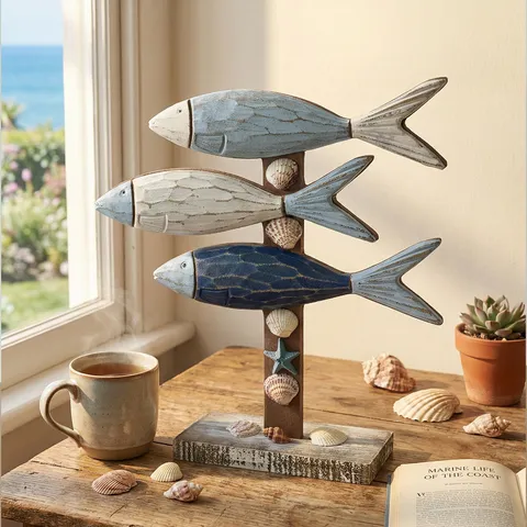 Stile Mediterraneo Ornamento di Pesce in Legno Vintage Invecchiato Nautico Decorazione da Tavolo Creativo Casa Ufficio Statua di Pesce