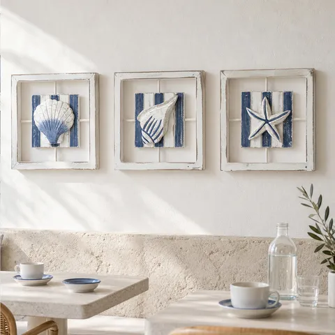 Decorazione da Parete Spesa in Legno Stile Mediterraneo Blu Bianco Quadrato Cornice in Legno Arte Per Casa