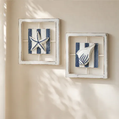Decorazione da Parete Spesa in Legno Stile Mediterraneo Blu Bianco Quadrato Cornice in Legno Arte Per Casa