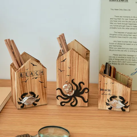 Mediterranean Style Wooden Pen Holder Desktop Storage Box Ocean Theme Crab Octopus Office Organizer Desk Decor Gift