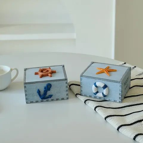 Scatola di Immagazzinaggio in Legno Stile Mediterraneo Piccolo Portagioie Vintage Organizer Decorativo da Scrivania Con Elementi Marini