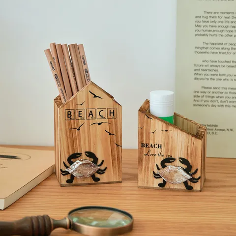 Mediterranean Style Wooden Pen Holder Desktop Storage Box Ocean Theme Crab Octopus Office Organizer Desk Decor Gift