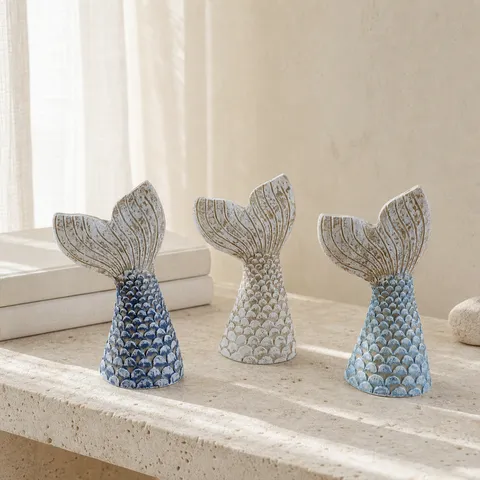 Stile Mediterraneo Statuetta in Resina Coda di Sirena Stile Oceano Ornamenti da Scrivania Retro Invecchiato Arredamento Soggiorno Scultura