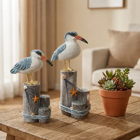 Mediterranean Style Wooden Seagull Figurine Pine Wood Bird Statue Tabletop Decor Ocean Theme Home Decoration