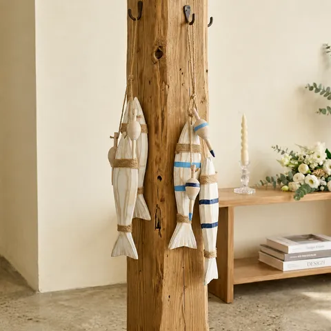 Mediterranean Style Solid Wood Fish String Wall Hanging Decor Handmade Nautical Hanging Ornament For Home Living Room Bedroom