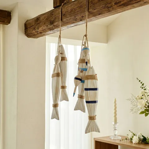 Mediterranean Style Solid Wood Fish String Wall Hanging Decor Handmade Nautical Hanging Ornament For Home Living Room Bedroom