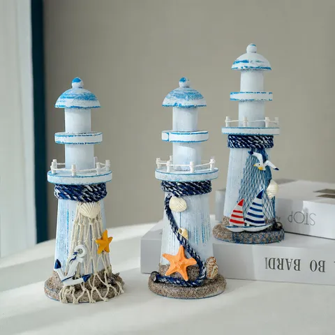 Figura di Faro in Legno Stile Mediterraneo Ornamento da Tavolo Decorazione Nautica con Design Stella Marina Barca a Vela Ancora