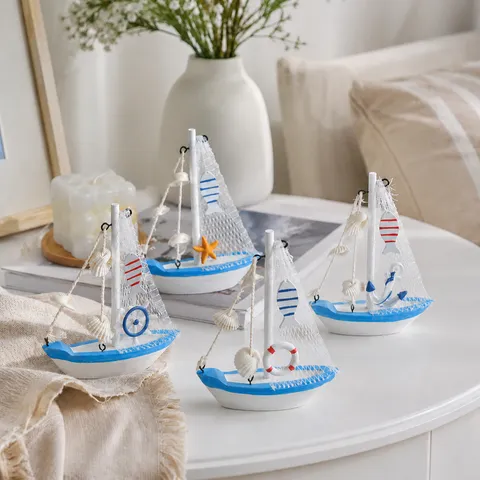 Modello di Barca a Vela in Miniatura in Legno Mediterraneo Decorazione da Tavolo Nautica Ornamento Artigianale Oceano Scrivania