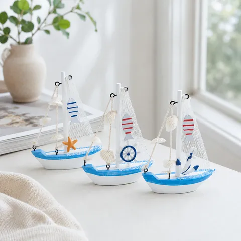 Modello di Barca a Vela in Miniatura in Legno Mediterraneo Decorazione da Tavolo Nautica Ornamento Artigianale Oceano Scrivania
