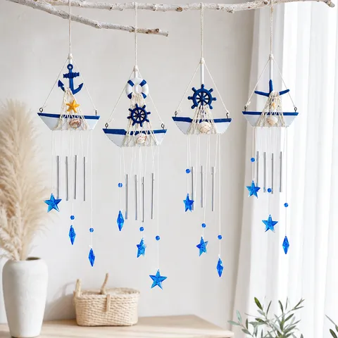 Carillón de Viento de Velero Mediterráneo Decoración Colgante Creativa de Madera Estilo Marítimo Ancla Timón Estrella de Mar para Hogar Balcón Entrada Colgante de Estrella Concha