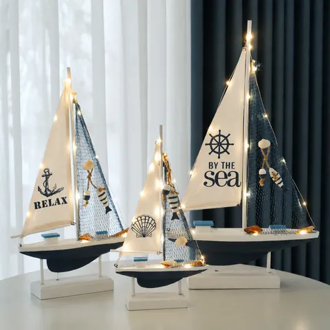Mediterranean Wooden Sailboat Model With LED Light Shell Fish Home Decor Desktop Ornament Craft Sailboat Gift