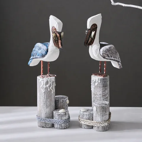 Set di Statuette di Uccelli in Legno Mediterraneo Scultura di Pellicano Dipinto a Mano Decorazione da Tavolo in Legno