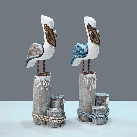 Set di Statuette di Uccelli in Legno Mediterraneo Scultura di Pellicano Dipinto a Mano Decorazione da Tavolo in Legno