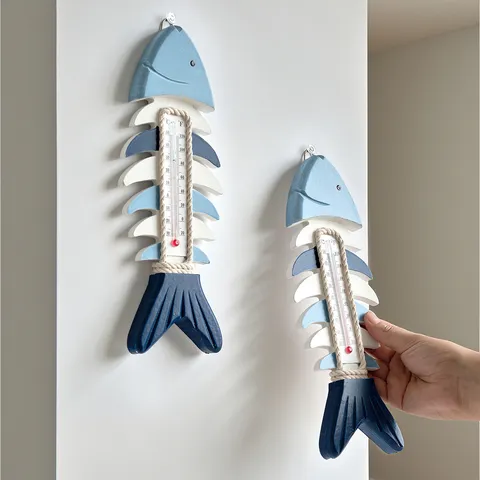 Mediterranean Style Wooden Fish Bone Thermometer Wall Hanging Blue And White Marine Decor For Porch Living Room Home Decor