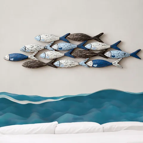 Decorazione Murale Sospesa in Legno 3D Banco di Pesci Mediterraneo Arte Murale Costiera Invecchiata Fatta a Mano per Soggiorno