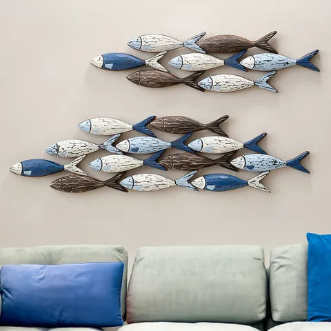 Decorazione Murale Sospesa in Legno 3D Banco di Pesci Mediterraneo Arte Murale Costiera Invecchiata Fatta a Mano per Soggiorno