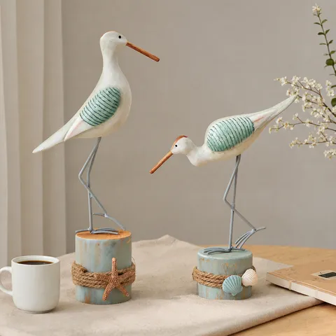 Mediterranean Wooden Seagull Bird Figurine Set Coastal Tabletop Ornament Home Decor Living Room Desktop Craft Gift